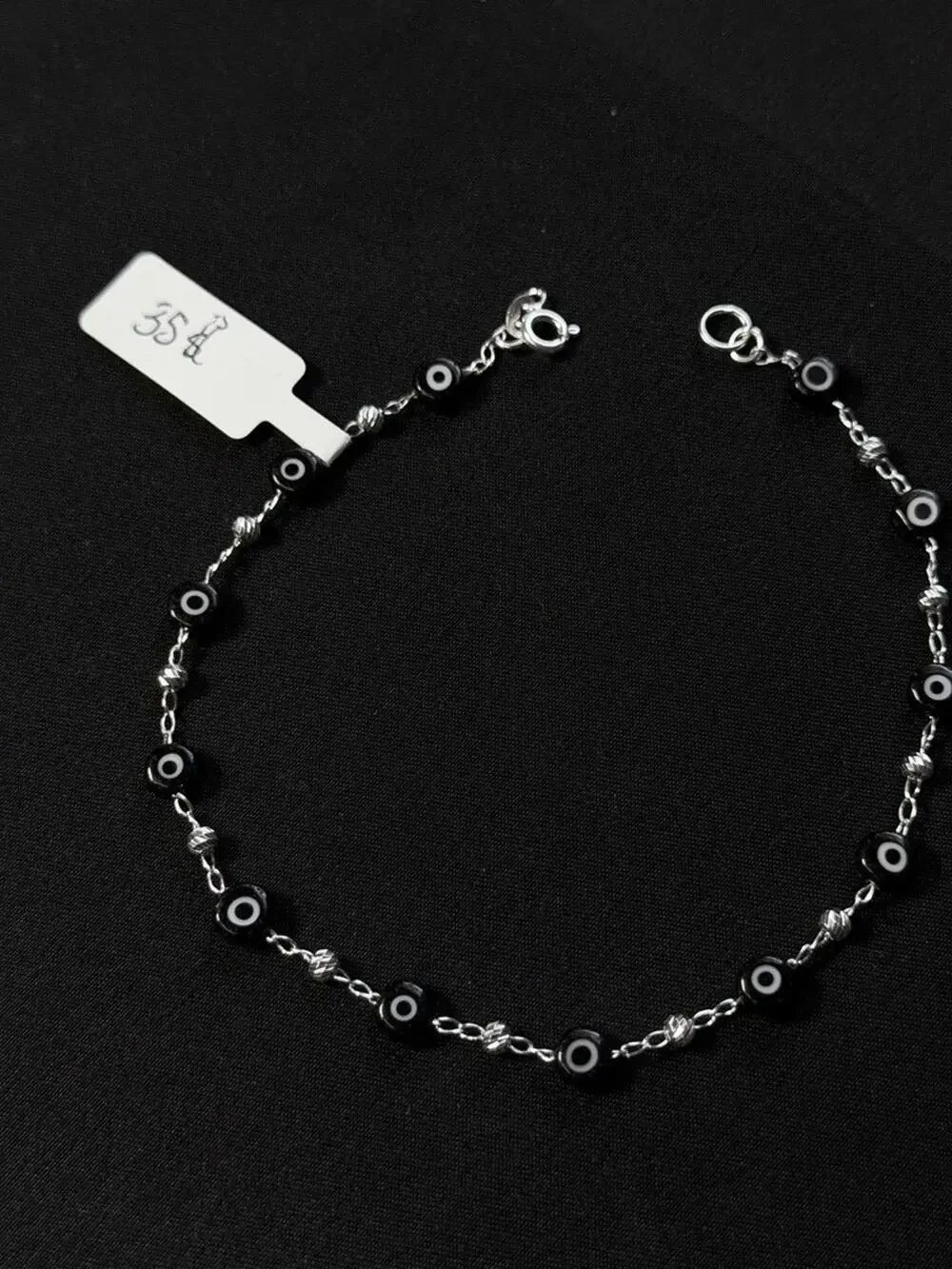 Sterling Silver Black Evil Eye Bead Bracelet Diamond Cut Beads Protection 9 Inch